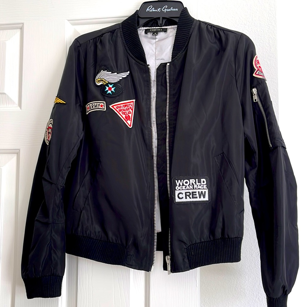 Bomber poly jacket with patches